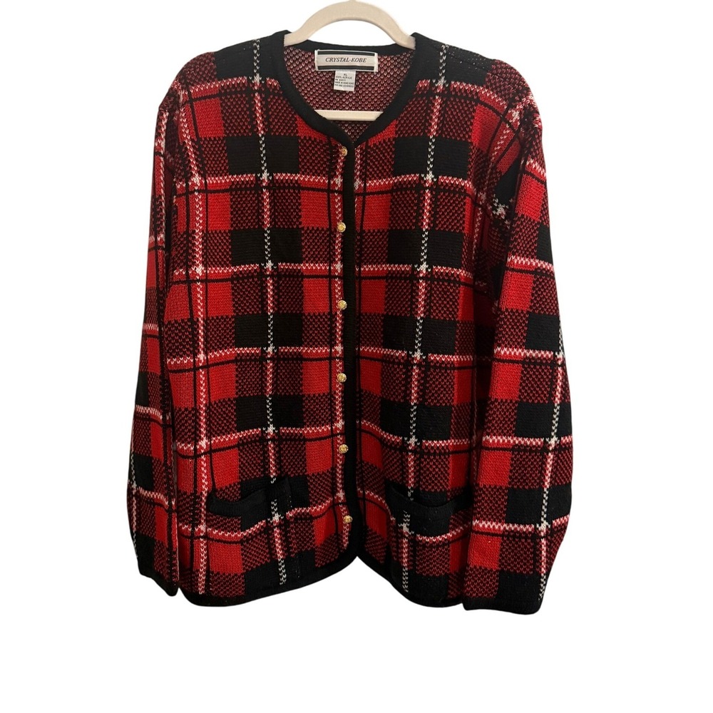 Plaid Button Front Cardigan Crystal Kobe Sweater‎ XL Cozy Knit Pockets